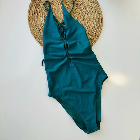 Aerie Green Lace Up One Piece Swimsuit Size Medium - Picture 2 of 12